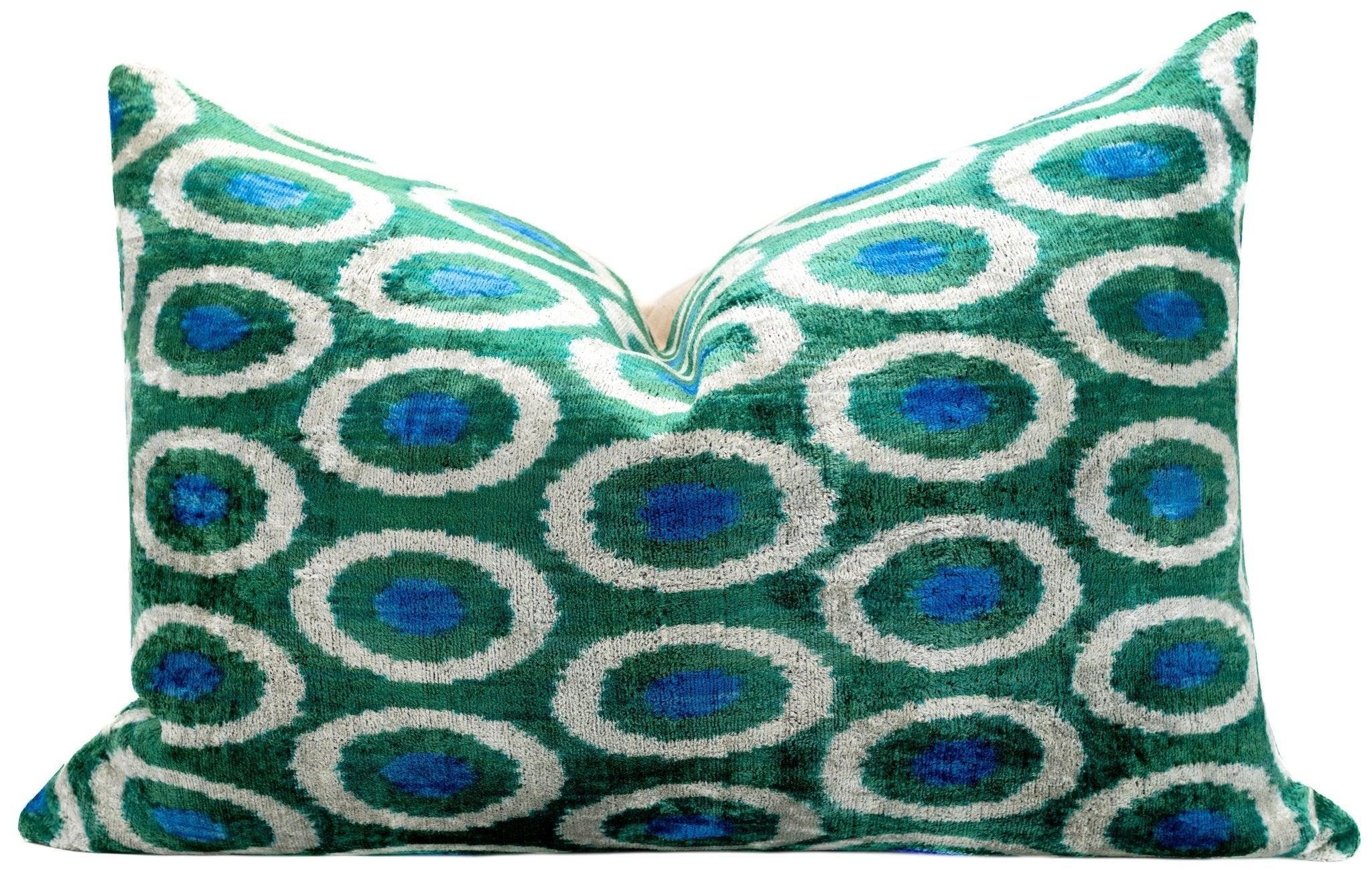 Handmade Green and Blue Circle Design Throw Pillow - 16x24 inch, Silk Velvet, Vegetable Dyed with Premium Down Feather Insert Canvello