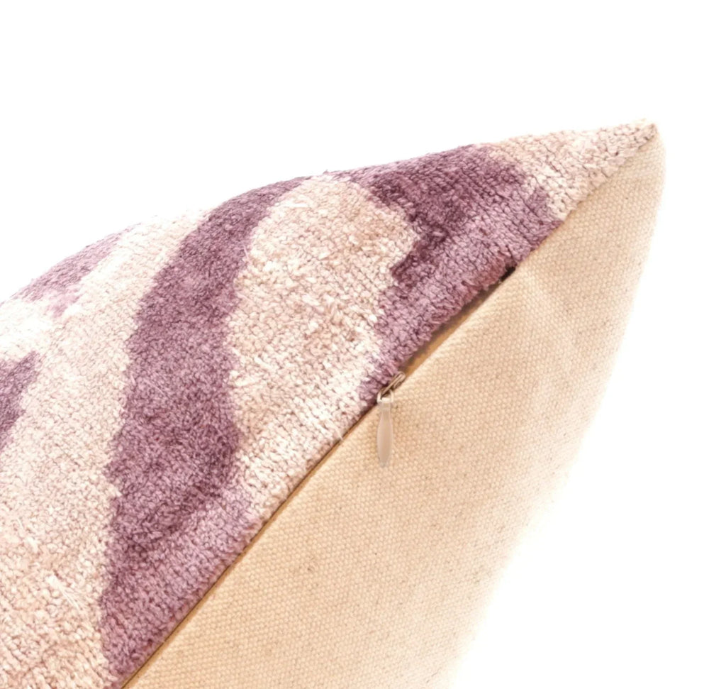 Handmade Ikat Silk Velvet Throw Pillow - 16x24, Lavender and Cream Luxury Cushion with Down Feather Insert Canvello