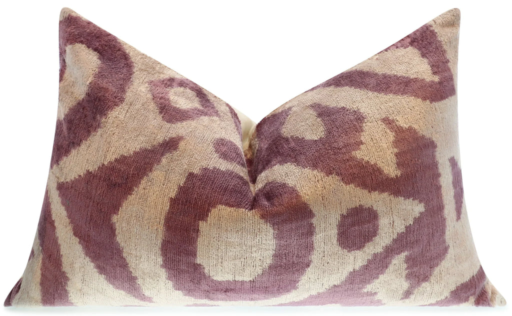 Handmade Ikat Silk Velvet Throw Pillow - 16x24, Lavender and Cream Luxury Cushion with Down Feather Insert Canvello