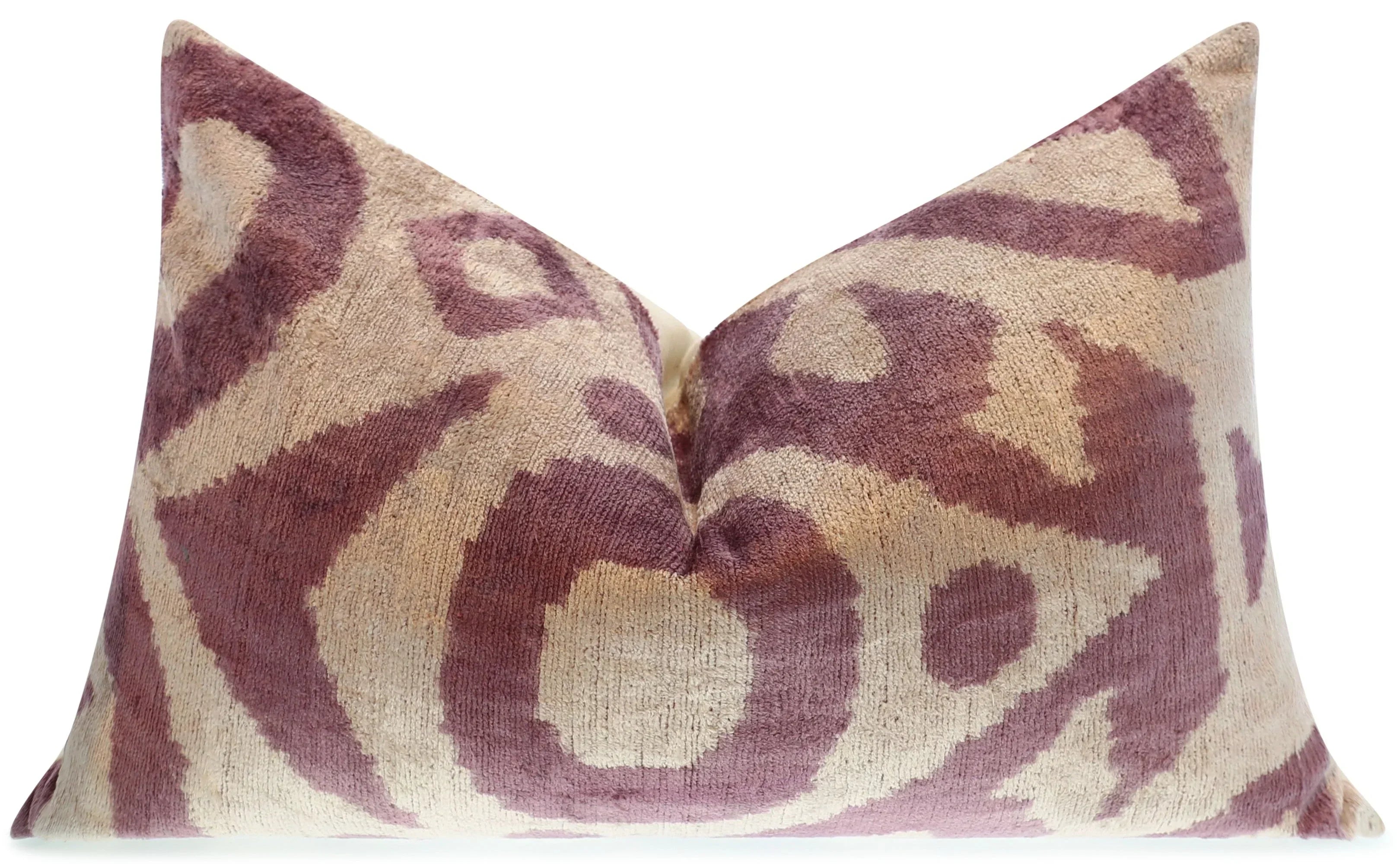 Handmade Ikat Silk Velvet Throw Pillow - 16x24, Lavender and Cream Luxury Cushion with Down Feather Insert Canvello