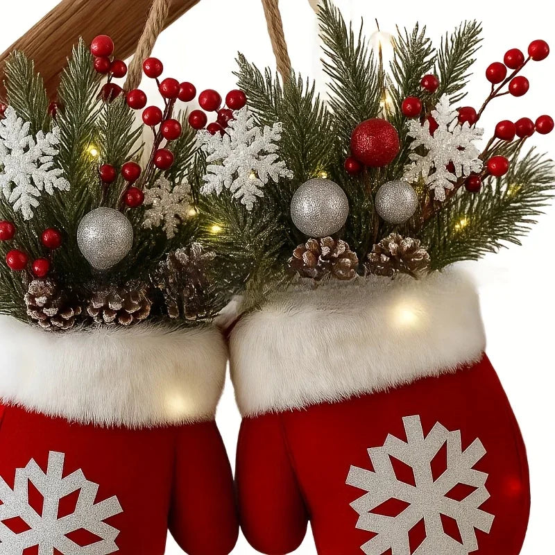 Luxury Handmade Christmas Mitten Wreath - Elegant Red & Snowflake Design with Faux Fur Trim, Leaves & Golden Accents, Durable Plastic, Perfect for Holiday Decor, Gifts, and Party Celebrations, Festive Gift Item | Elegant Wrea House Of Avana
