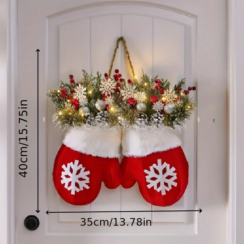 Luxury Handmade Christmas Mitten Wreath - Elegant Red & Snowflake Design with Faux Fur Trim, Leaves & Golden Accents, Durable Plastic, Perfect for Holiday Decor, Gifts, and Party Celebrations, Festive Gift Item | Elegant Wrea House Of Avana