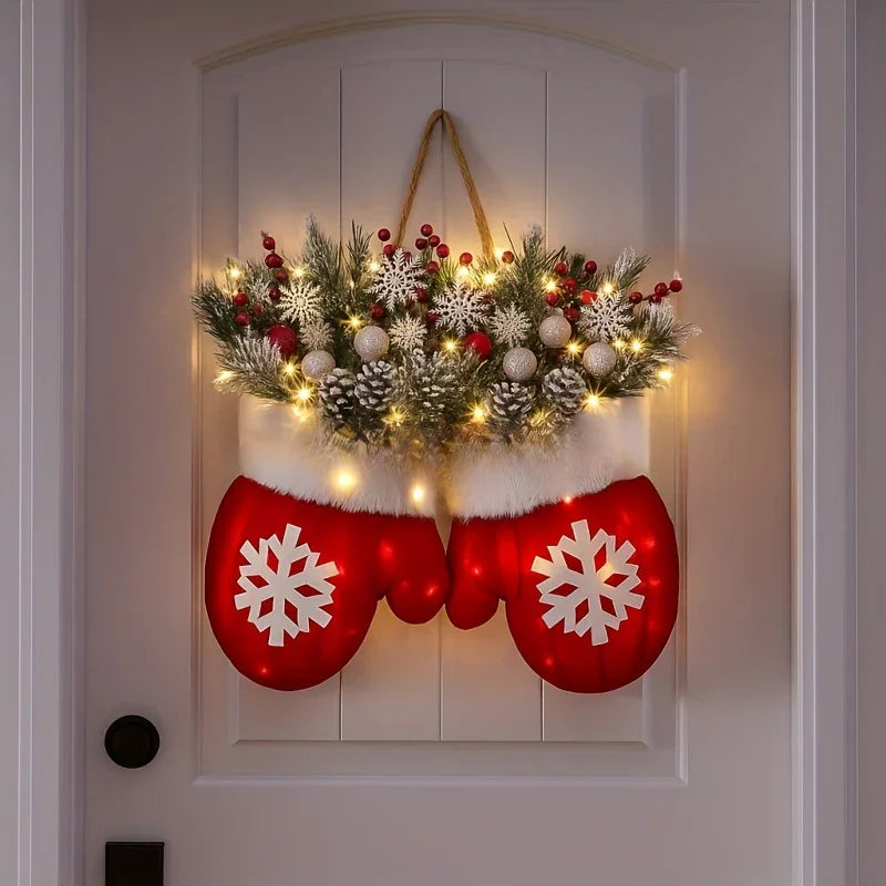 Luxury Handmade Christmas Mitten Wreath - Elegant Red & Snowflake Design with Faux Fur Trim, Leaves & Golden Accents, Durable Plastic, Perfect for Holiday Decor, Gifts, and Party Celebrations, Festive Gift Item | Elegant Wrea House Of Avana