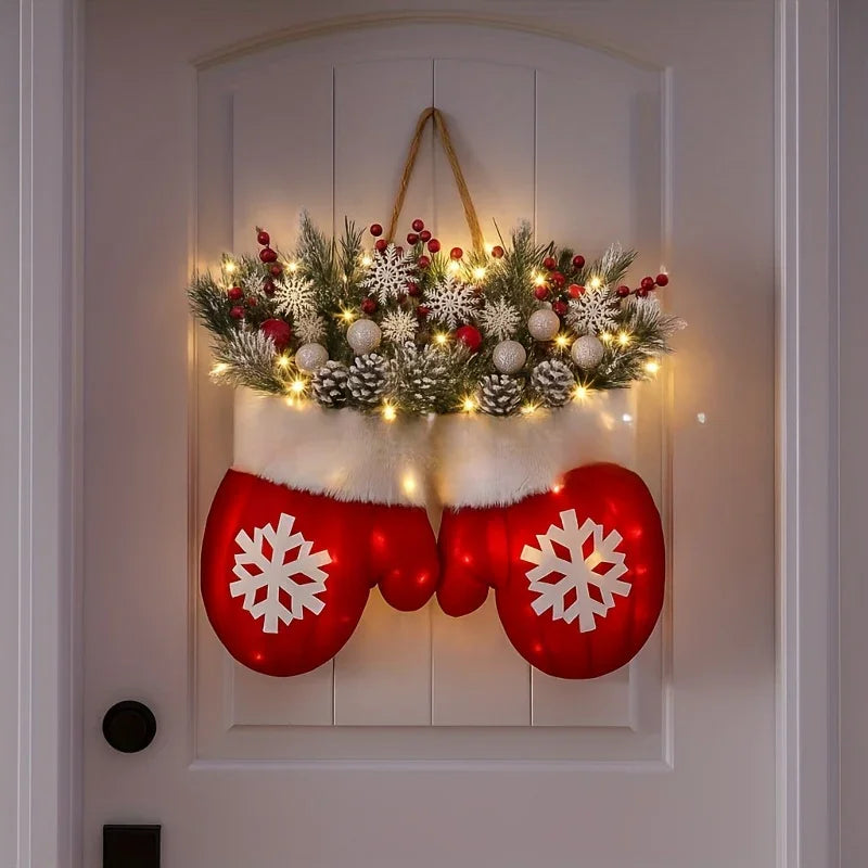 Luxury Handmade Christmas Mitten Wreath - Elegant Red & Snowflake Design with Faux Fur Trim, Leaves & Golden Accents, Durable Plastic, Perfect for Holiday Decor, Gifts, and Party Celebrations, Festive Gift Item | Elegant Wrea House Of Avana