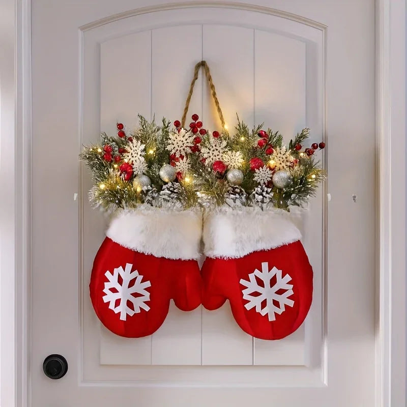 Luxury Handmade Christmas Mitten Wreath - Elegant Red & Snowflake Design with Faux Fur Trim, Leaves & Golden Accents, Durable Plastic, Perfect for Holiday Decor, Gifts, and Party Celebrations, Festive Gift Item | Elegant Wrea House Of Avana