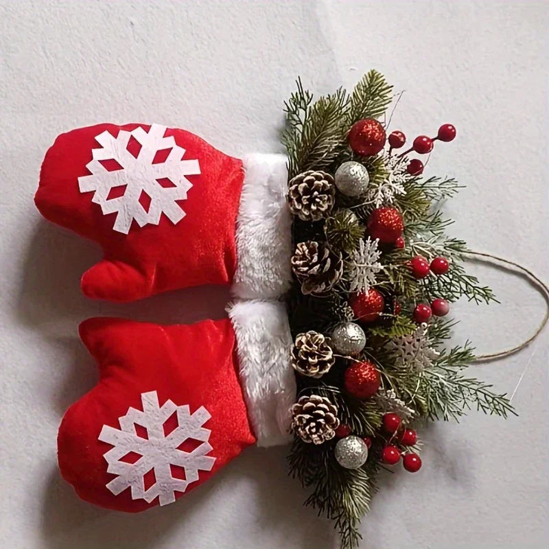 Luxury Handmade Christmas Mitten Wreath - Elegant Red & Snowflake Design with Faux Fur Trim, Leaves & Golden Accents, Durable Plastic, Perfect for Holiday Decor, Gifts, and Party Celebrations, Festive Gift Item | Elegant Wrea House Of Avana