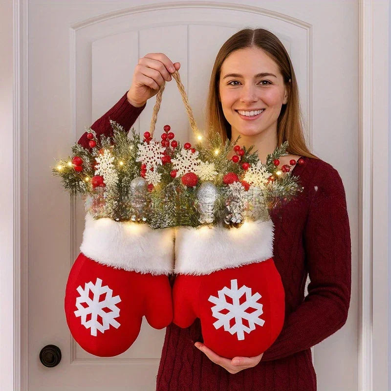 Luxury Handmade Christmas Mitten Wreath - Elegant Red & Snowflake Design with Faux Fur Trim, Leaves & Golden Accents, Durable Plastic, Perfect for Holiday Decor, Gifts, and Party Celebrations, Festive Gift Item | Elegant Wrea House Of Avana