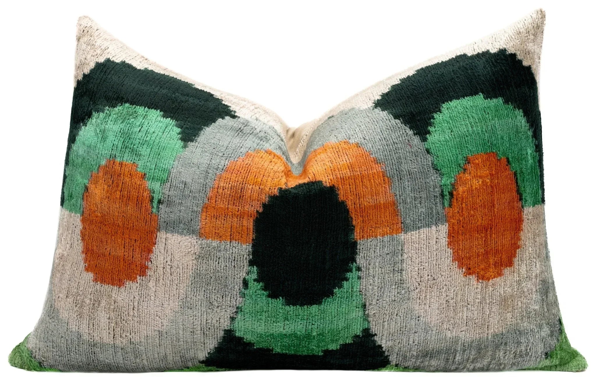 Handmade Orange Black Green Abstract Design Throw Pillow - 16x24 inch, Silk Velvet, Vegetable Dyed with Premium Down Feather Insert Canvello