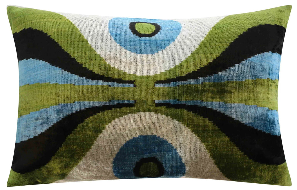 Handmade Retro Geometric Silk Velvet Throw Pillow - 16x24, Green and Blue with Down Feather Insert Canvello