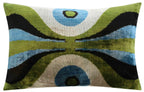 Handmade Retro Geometric Silk Velvet Throw Pillow - 16x24, Green and Blue with Down Feather Insert Canvello
