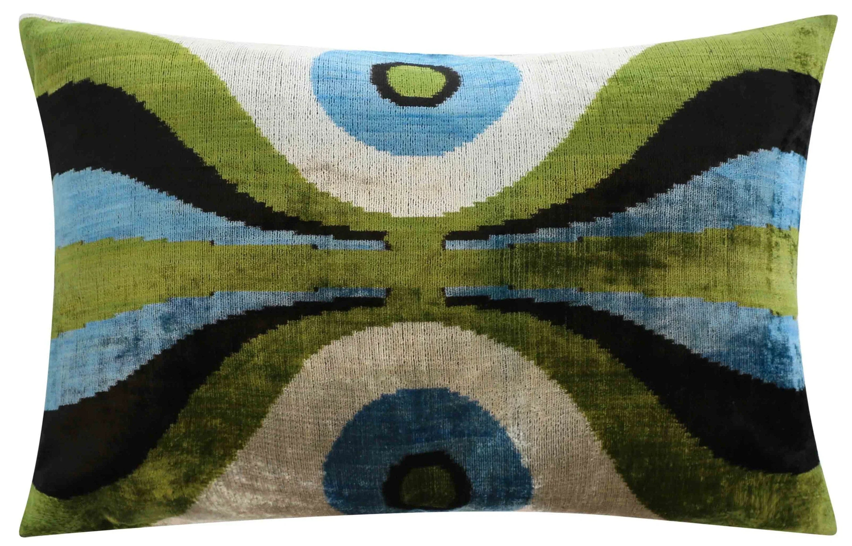 Handmade Retro Geometric Silk Velvet Throw Pillow - 16x24, Green and Blue with Down Feather Insert Canvello
