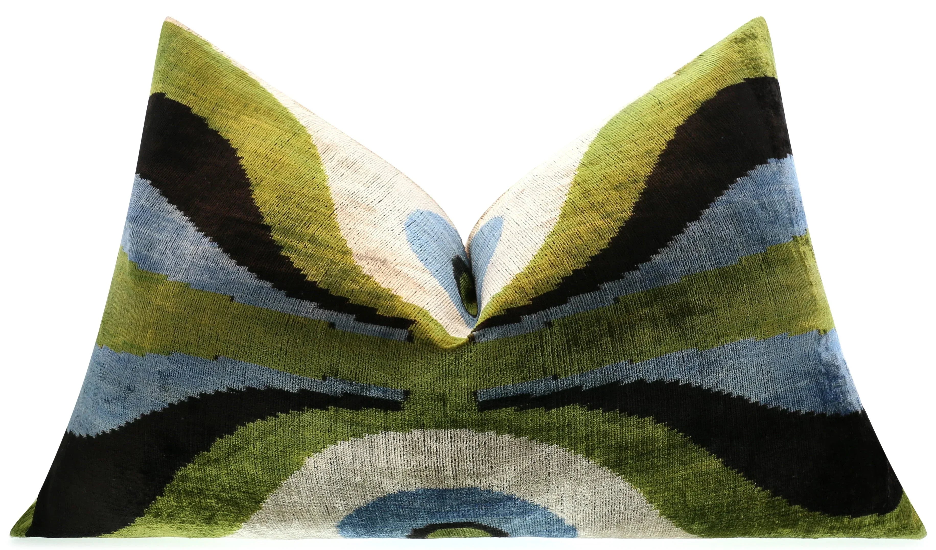 Handmade Retro Geometric Silk Velvet Throw Pillow - 16x24, Green and Blue with Down Feather Insert Canvello