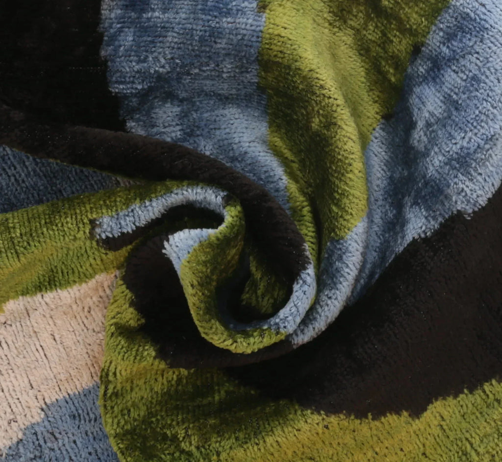 Handmade Silk Velvet Abstract Throw Pillow - 16x16, Bold Green, Blue, and Black Design with Down Feather Insert Canvello