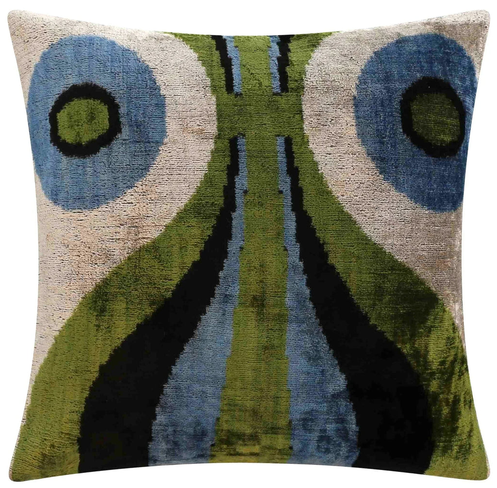 Handmade Silk Velvet Abstract Throw Pillow - 16x16, Bold Green, Blue, and Black Design with Down Feather Insert Canvello