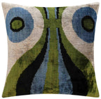 Handmade Silk Velvet Abstract Throw Pillow - 16x16, Bold Green, Blue, and Black Design with Down Feather Insert Canvello