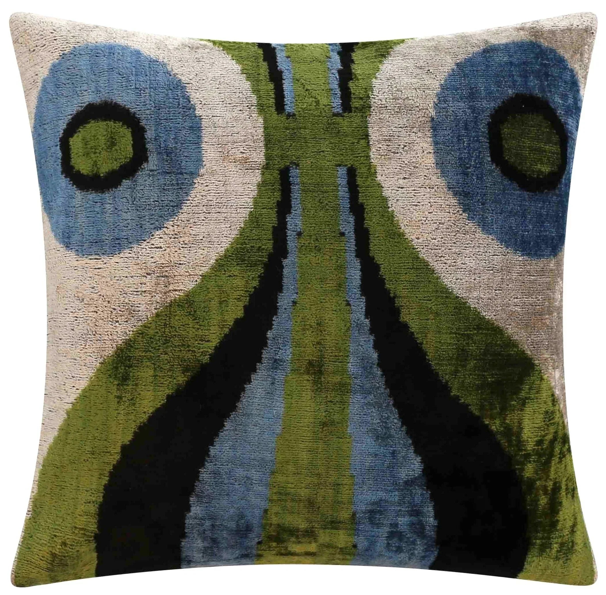 Handmade Silk Velvet Abstract Throw Pillow - 16x16, Bold Green, Blue, and Black Design with Down Feather Insert Canvello