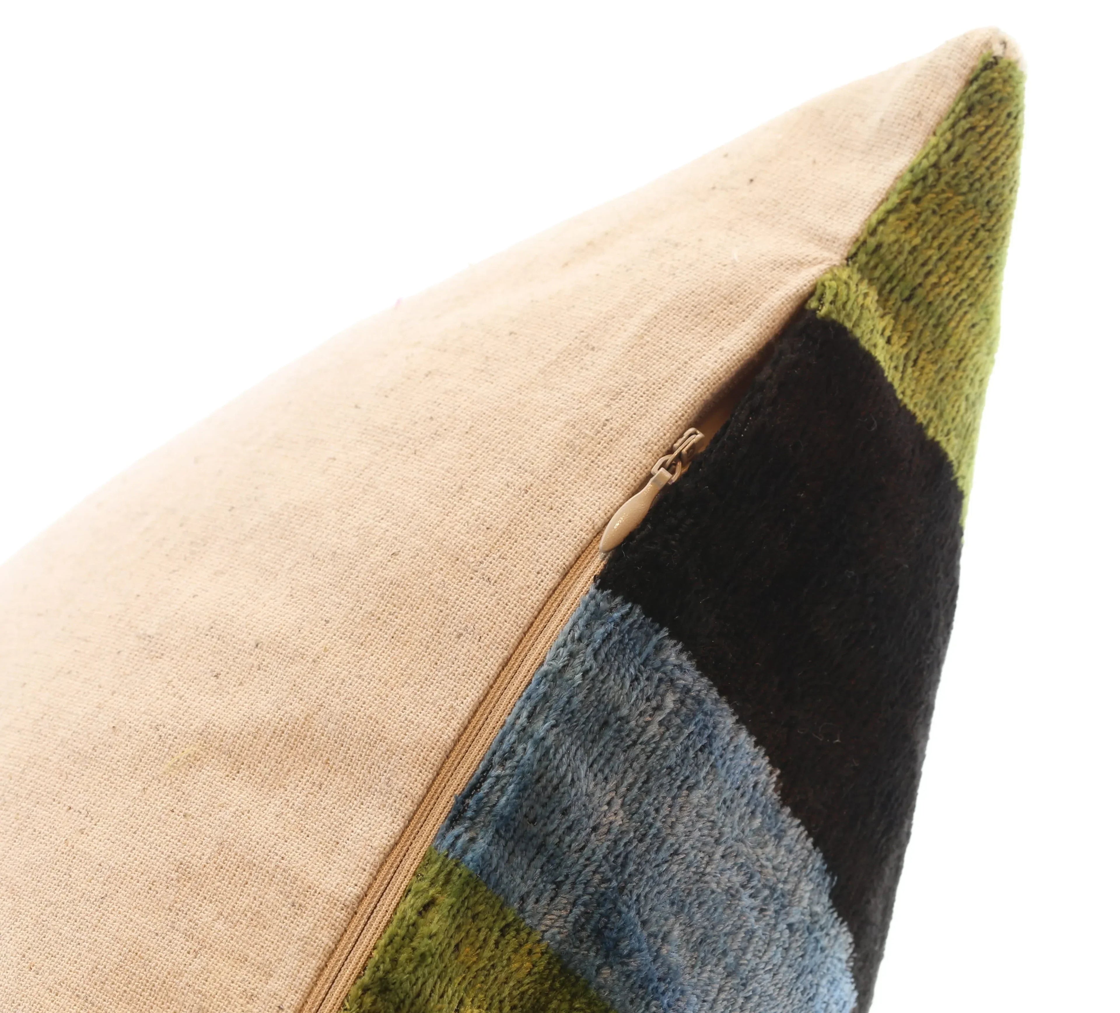 Handmade Silk Velvet Abstract Throw Pillow - 16x16, Bold Green, Blue, and Black Design with Down Feather Insert Canvello