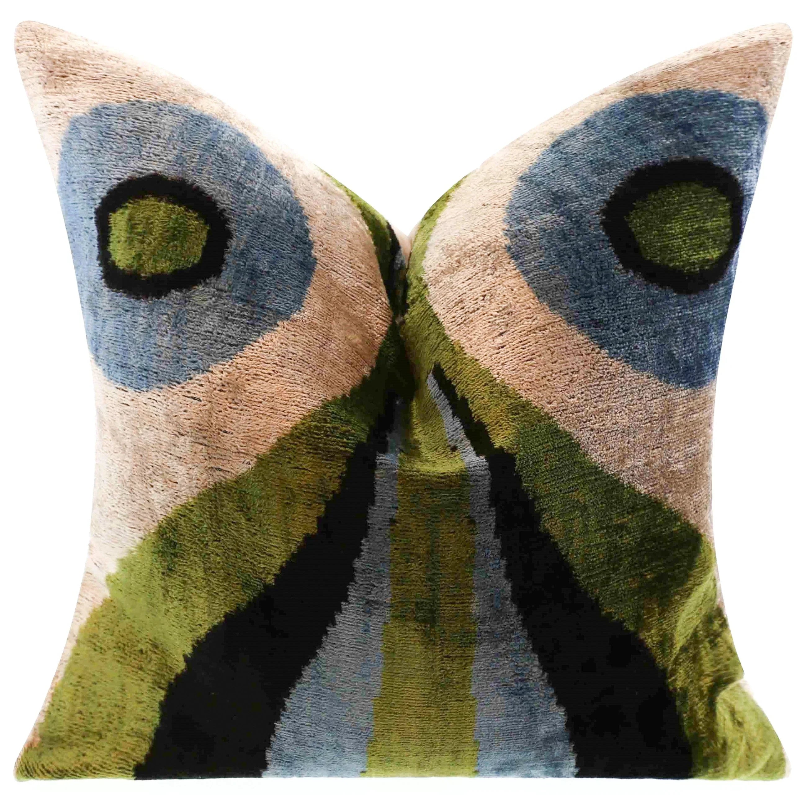 Handmade Silk Velvet Abstract Throw Pillow - 16x16, Bold Green, Blue, and Black Design with Down Feather Insert Canvello