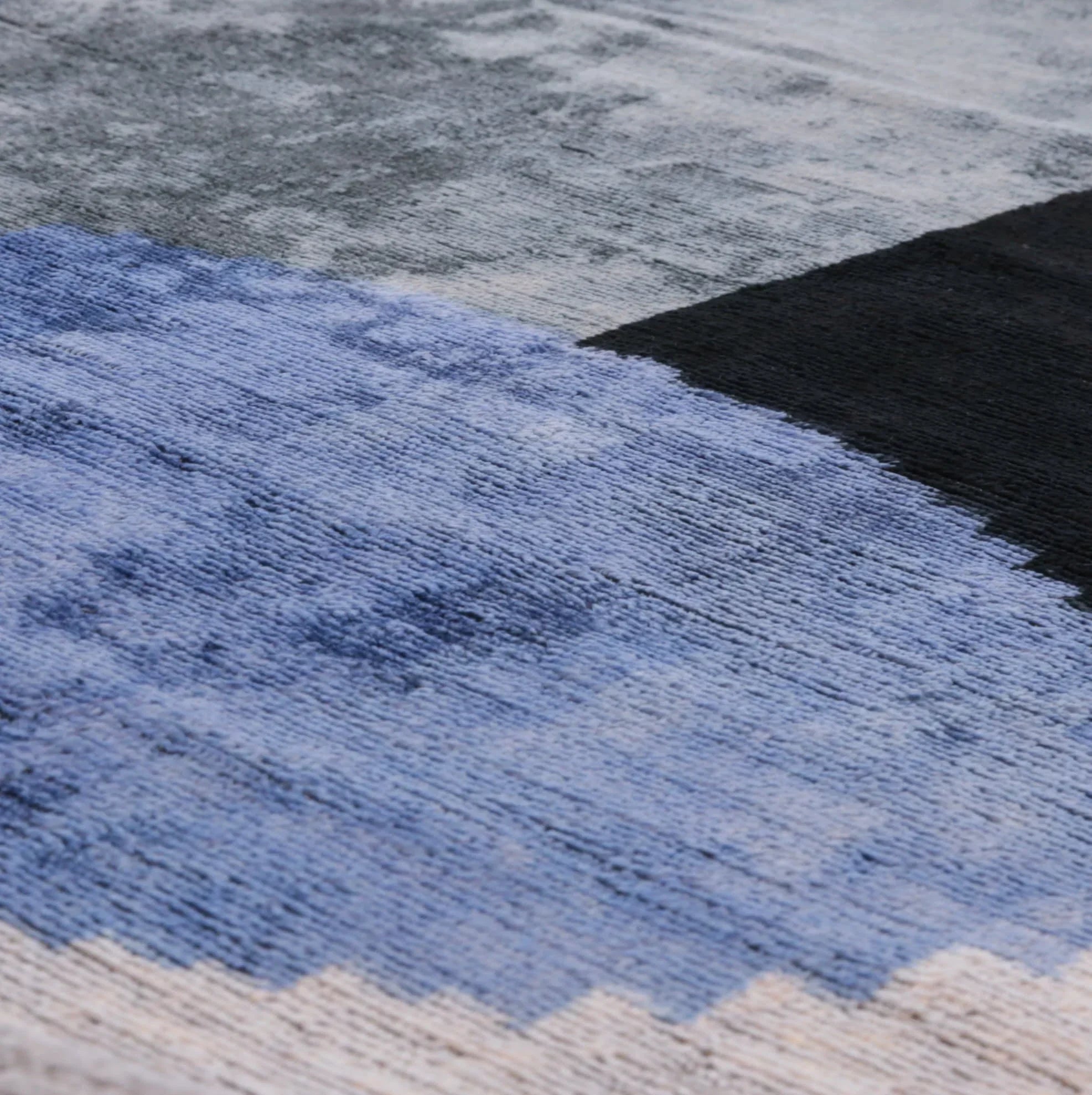 Handmade Silk Velvet Abstract Throw Pillow - 20x20, Modern Blue, Black, and Gray Design with Down... - House Of Avana