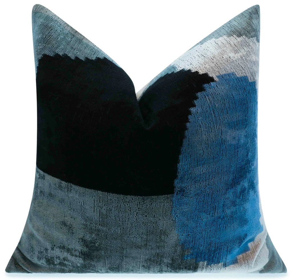 Handmade Silk Velvet Abstract Throw Pillow - 20x20, Modern Blue, Black, and Gray Design with Down... - House Of Avana