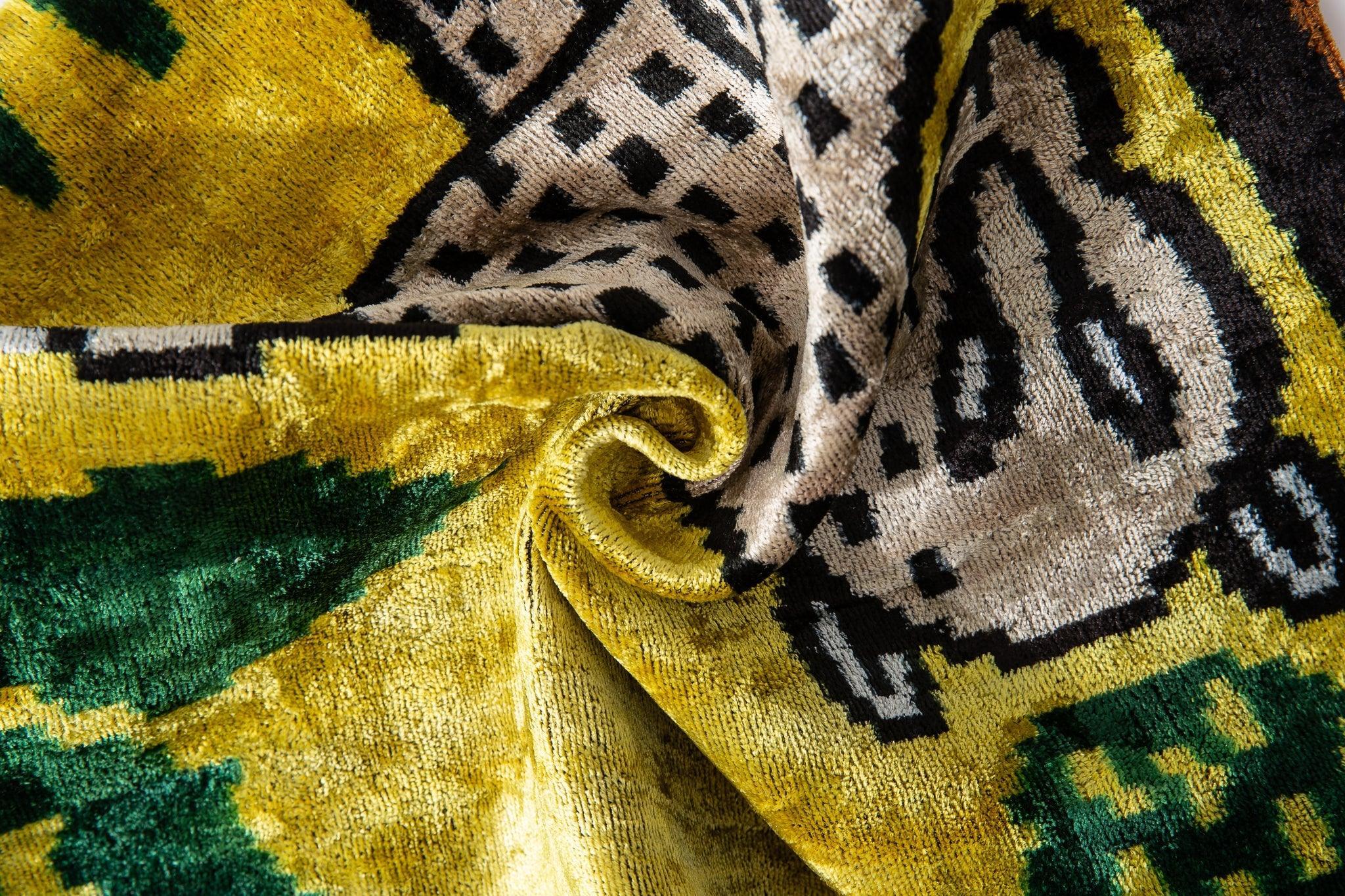 Handmade Silk Velvet Animal Design Throw Pillow - 20x20, Bold Yellow, Green, and Beige with Down Feather Insert Canvello
