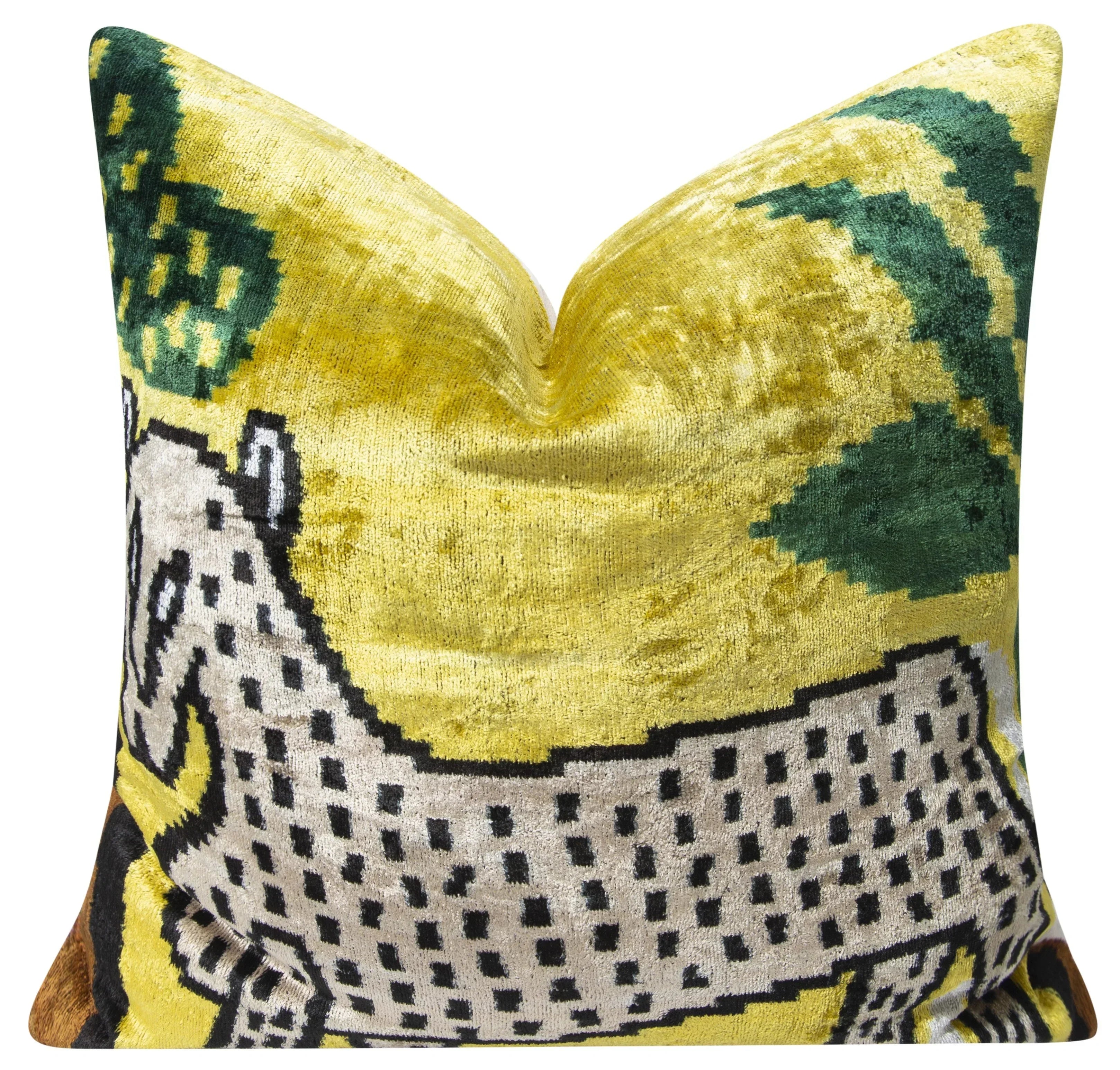 Handmade Silk Velvet Animal Design Throw Pillow - 20x20, Bold Yellow, Green, and Beige with Down Feather Insert Canvello