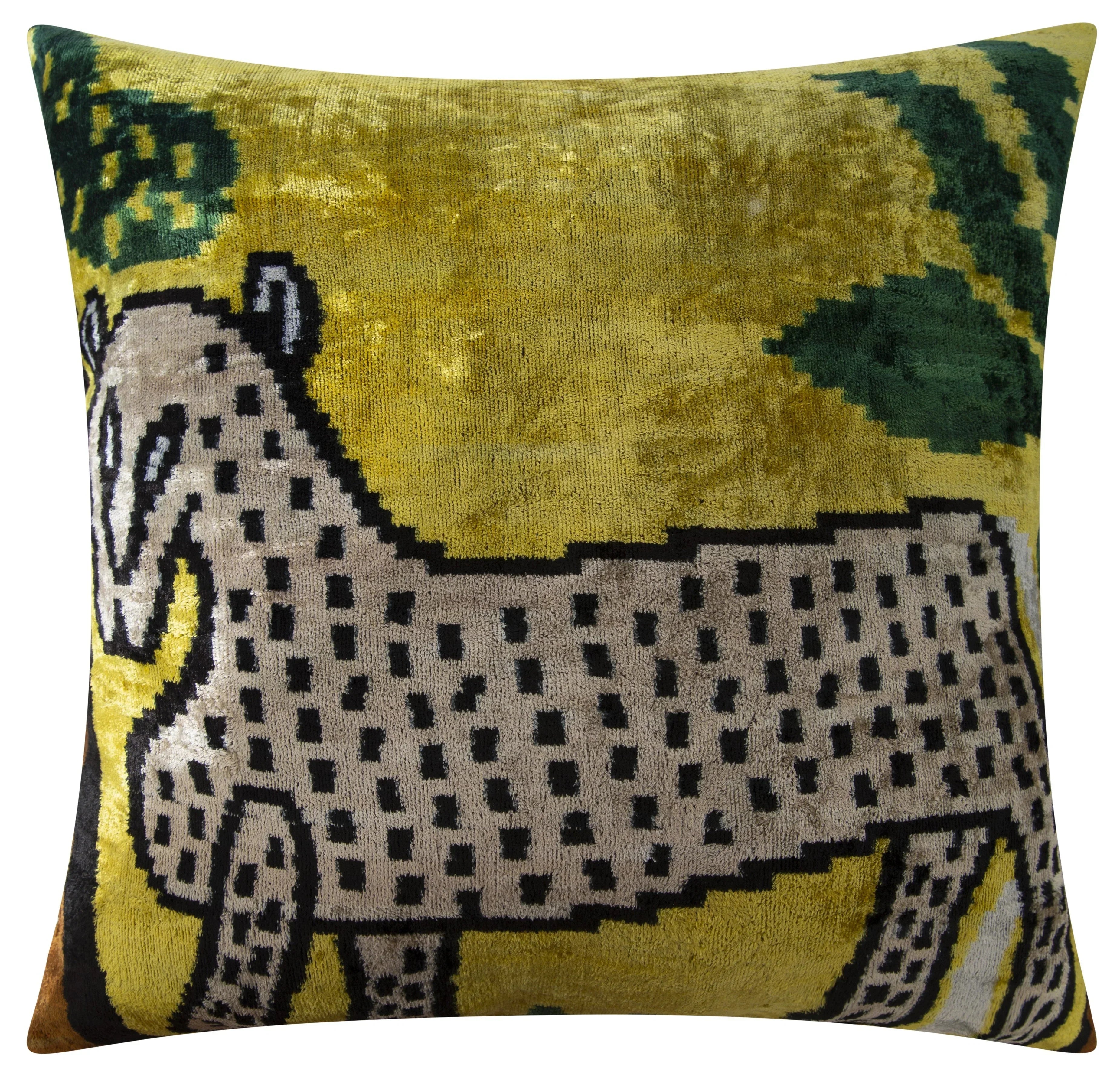 Handmade Silk Velvet Animal Design Throw Pillow - 20x20, Bold Yellow, Green, and Beige with Down Feather Insert Canvello