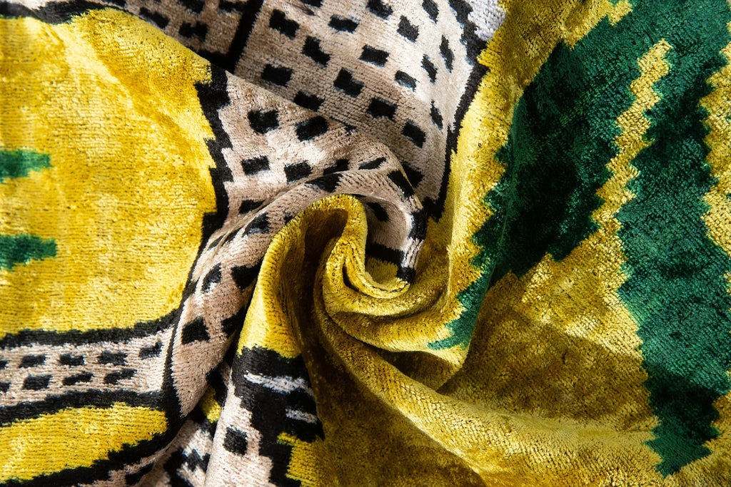 Handmade Silk Velvet Animal Motif Throw Pillow - 20x20, Vibrant Yellow with Green and Beige Design, Down... - House Of Avana