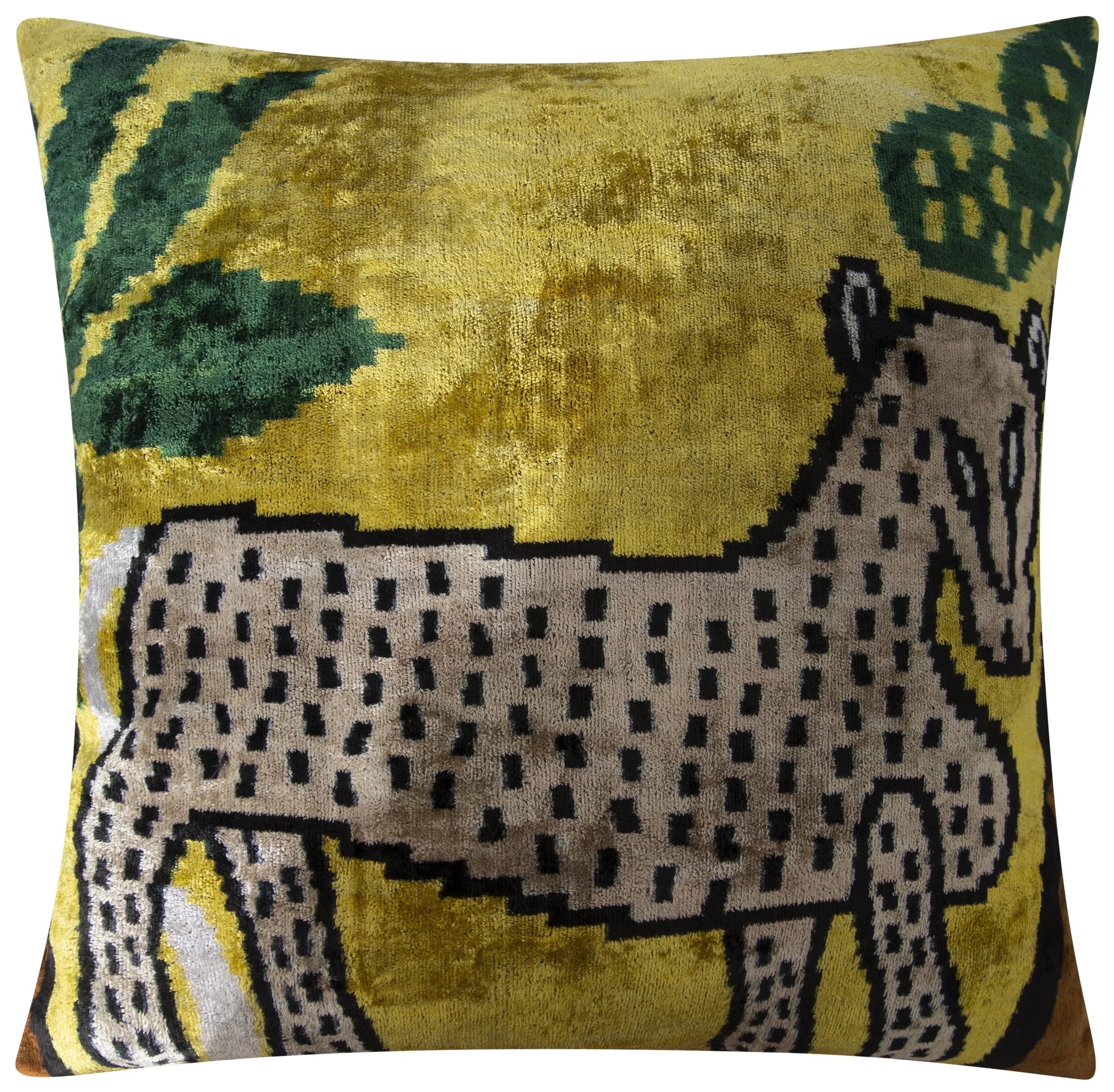 Handmade Silk Velvet Animal Motif Throw Pillow - 20x20, Vibrant Yellow with Green and Beige Design, Down... - House Of Avana