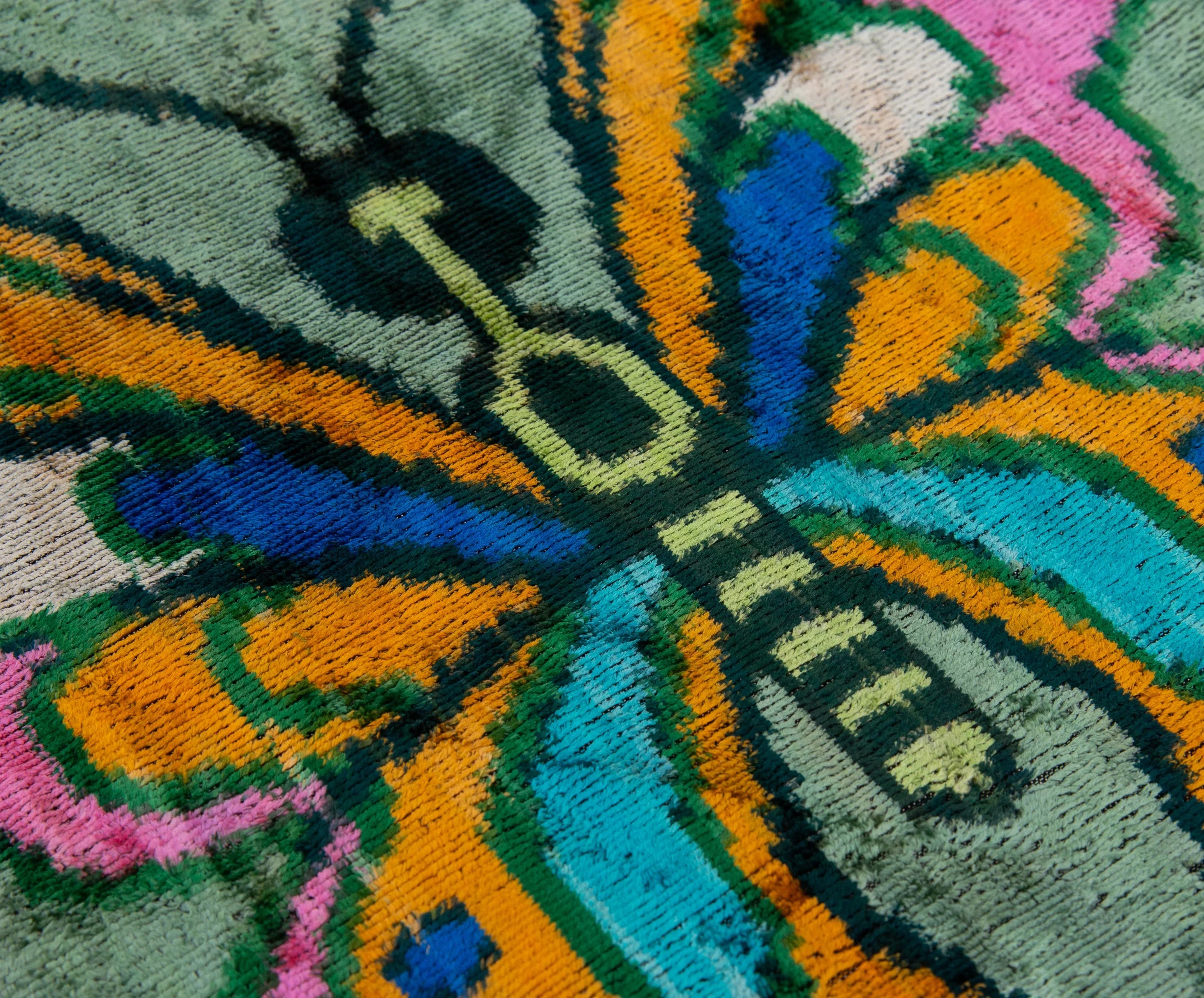 Handmade Silk Velvet Butterfly Throw Pillow - 20x20, Vibrant Green, Pink, Orange, and Blue Design with Down Feather Insert Canvello