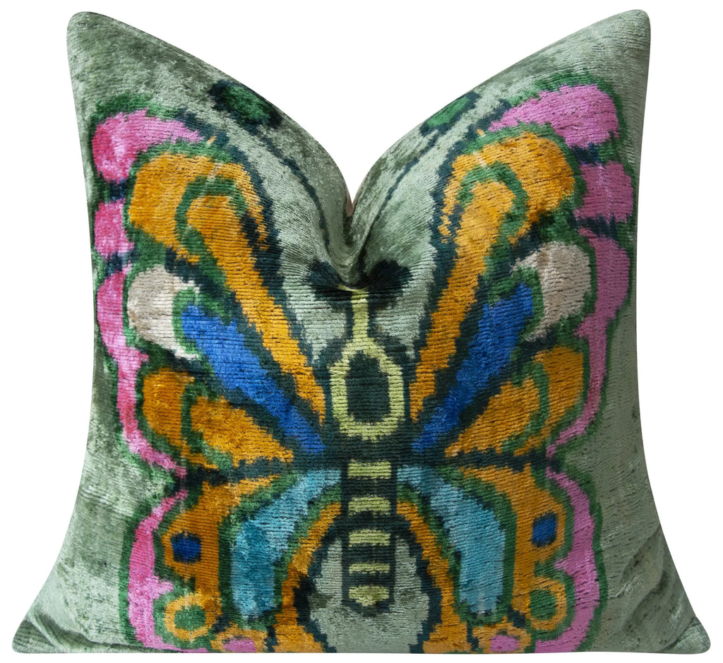 Handmade Silk Velvet Butterfly Throw Pillow - 20x20, Vibrant Green, Pink, Orange, and Blue Design with Down Feather Insert Canvello
