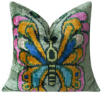 Handmade Silk Velvet Butterfly Throw Pillow - 20x20, Vibrant Green, Pink, Orange, and Blue Design with Down Feather Insert Canvello