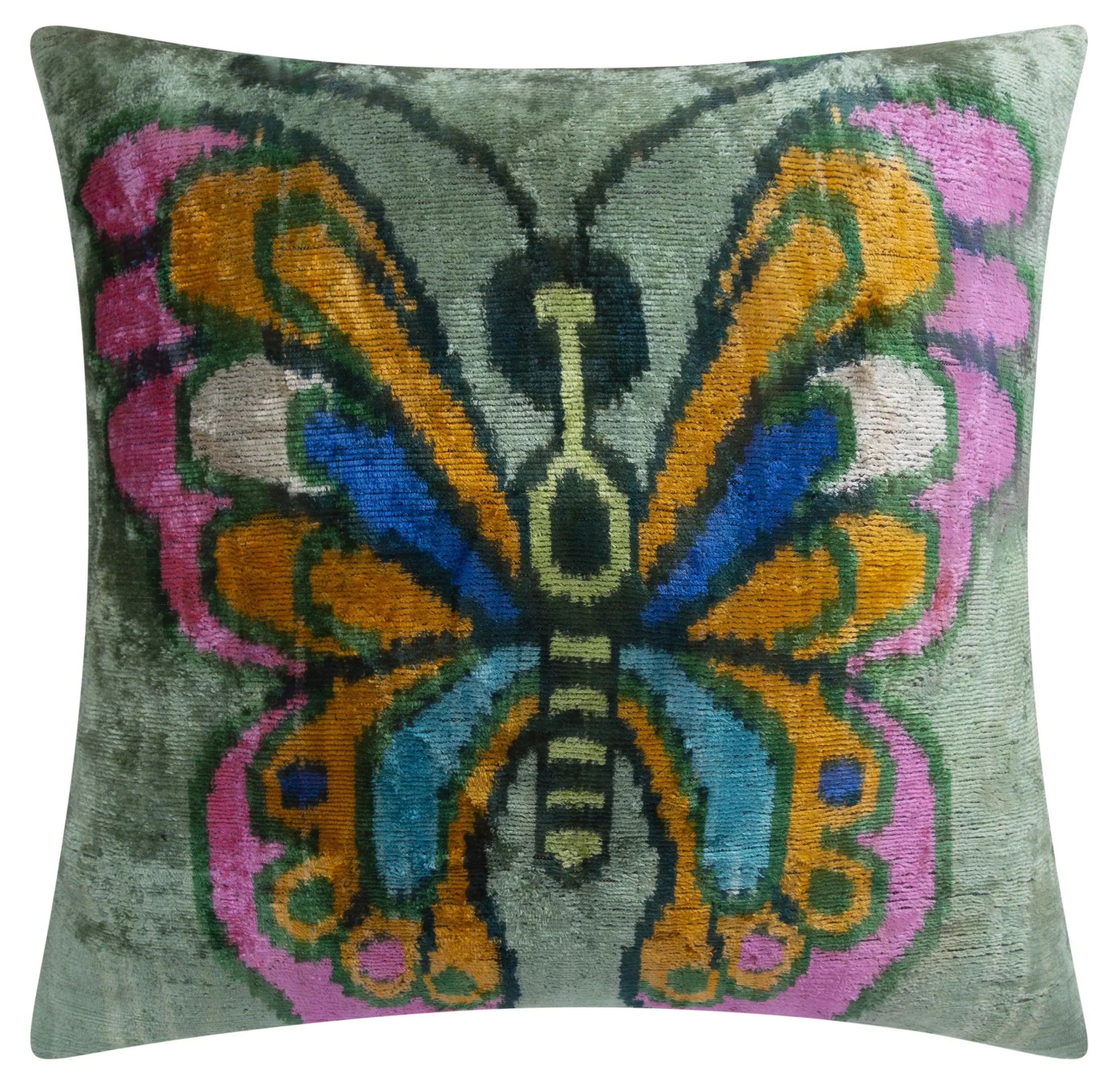Handmade Silk Velvet Butterfly Throw Pillow - 20x20, Vibrant Green, Pink, Orange, and Blue Design with Down Feather Insert Canvello