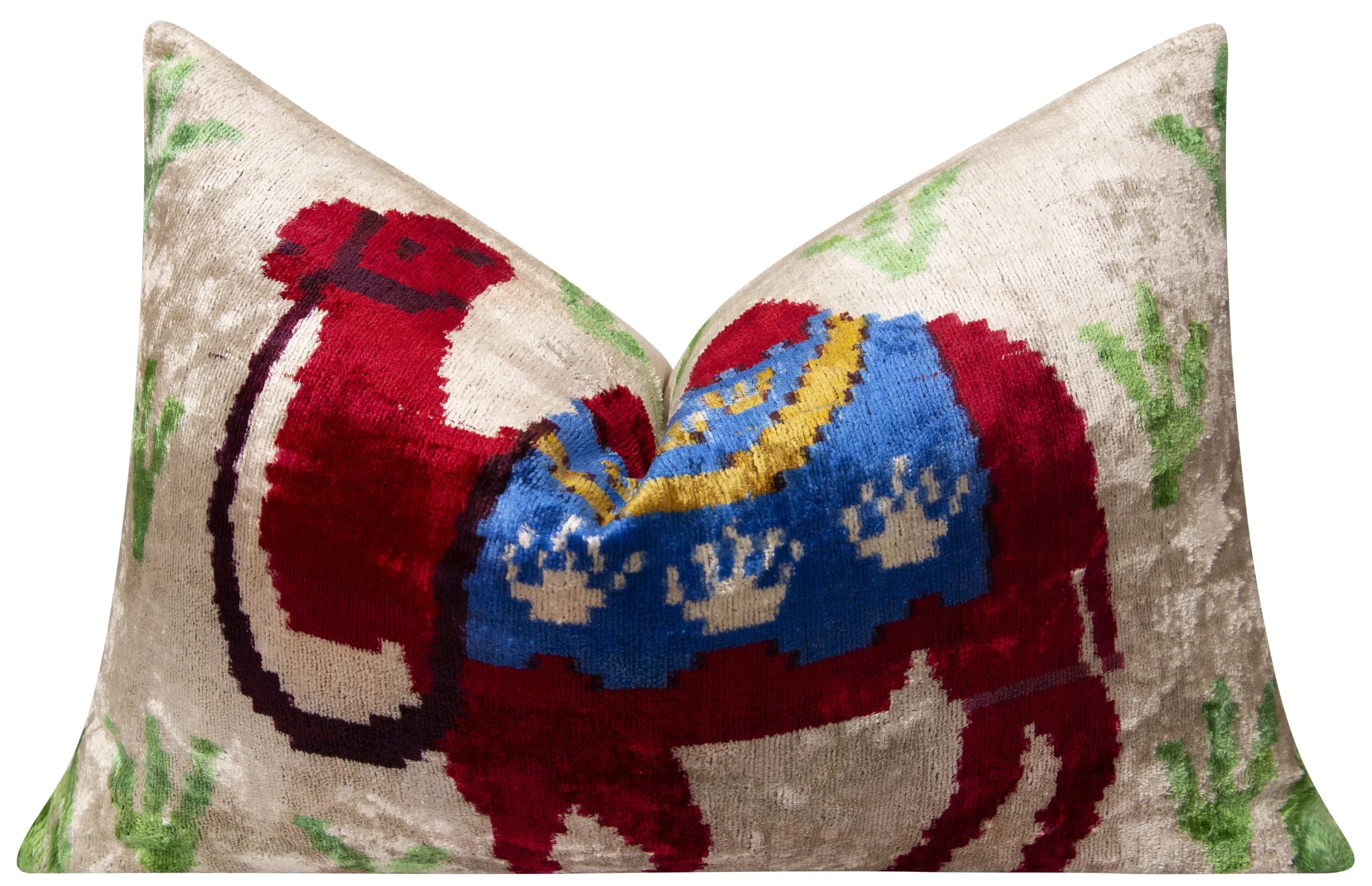 Handmade Silk Velvet Camel Design Throw Pillow - 16x24, Multicolored Exotic Accent Pillow with Down... - House Of Avana