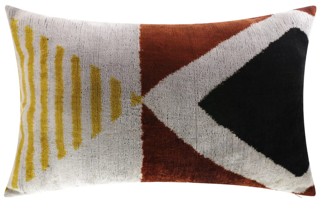 Handmade Silk Velvet Geometric Throw Pillow - 16x24, Black, Gold, and Rust Brown Modern Design with Down Feather Insert Canvello