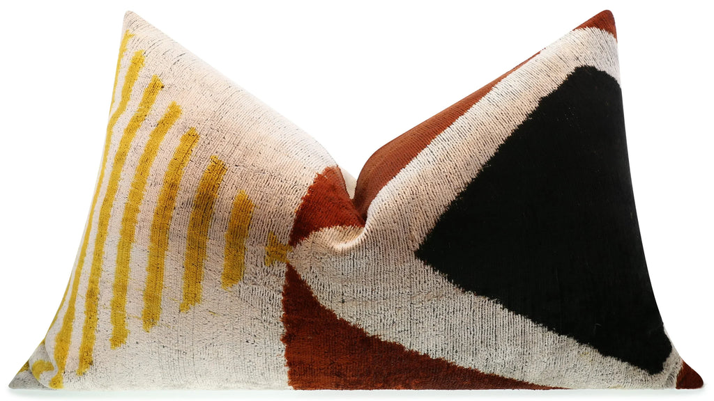 Handmade Silk Velvet Geometric Throw Pillow - 16x24, Black, Gold, and Rust Brown Modern Design with Down Feather Insert Canvello