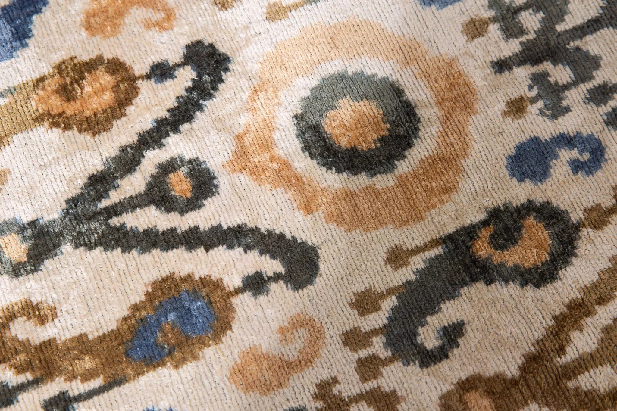 Handmade Silk Velvet Ikat Throw Pillow - 20x20, Beige, Blue, and Brown Luxury Design with Down Feather Insert Canvello