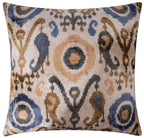 Handmade Silk Velvet Ikat Throw Pillow - 20x20, Beige, Blue, and Brown Luxury Design with Down Feather Insert Canvello