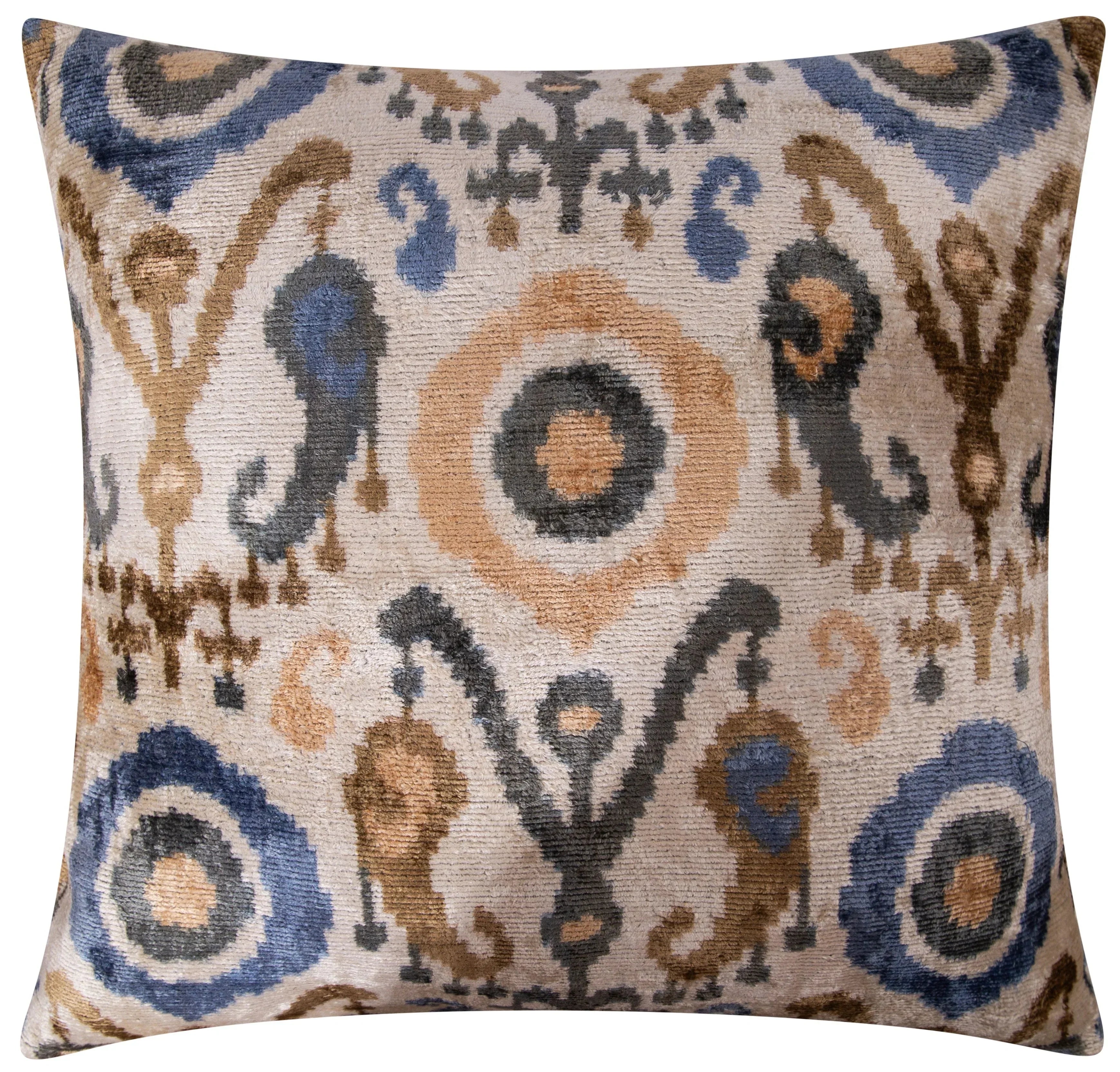 Handmade Silk Velvet Ikat Throw Pillow - 20x20, Beige, Blue, and Brown Luxury Design with Down Feather Insert Canvello