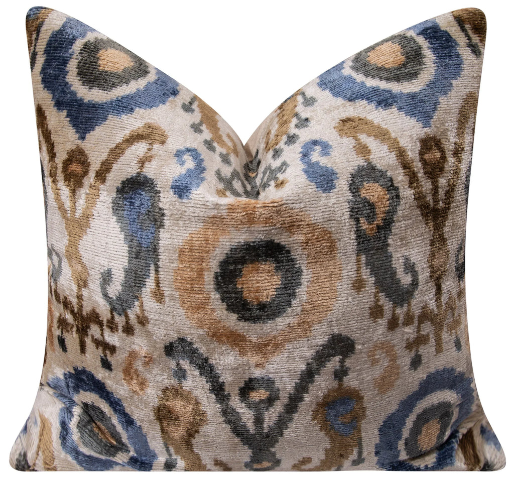 Handmade Silk Velvet Ikat Throw Pillow - 20x20, Beige, Blue, and Brown Luxury Design with Down Feather Insert Canvello