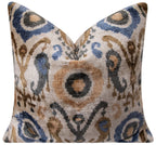 Handmade Silk Velvet Ikat Throw Pillow - 20x20, Beige, Blue, and Brown Luxury Design with Down Feather Insert Canvello