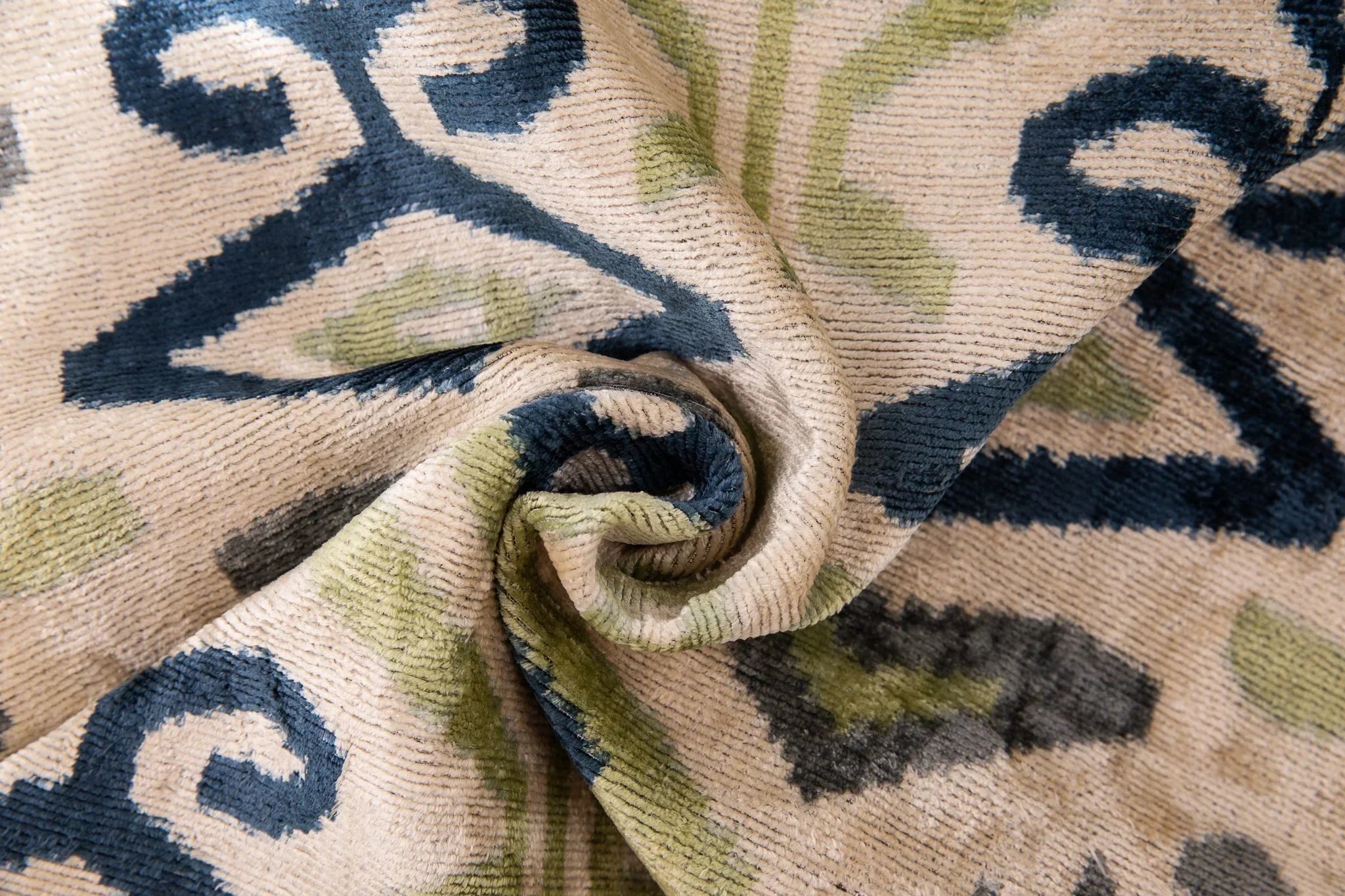 Handmade Silk Velvet Ikat Throw Pillow - 20x20, Beige, Blue, and Green Ikat Design with Down Feather Insert Canvello