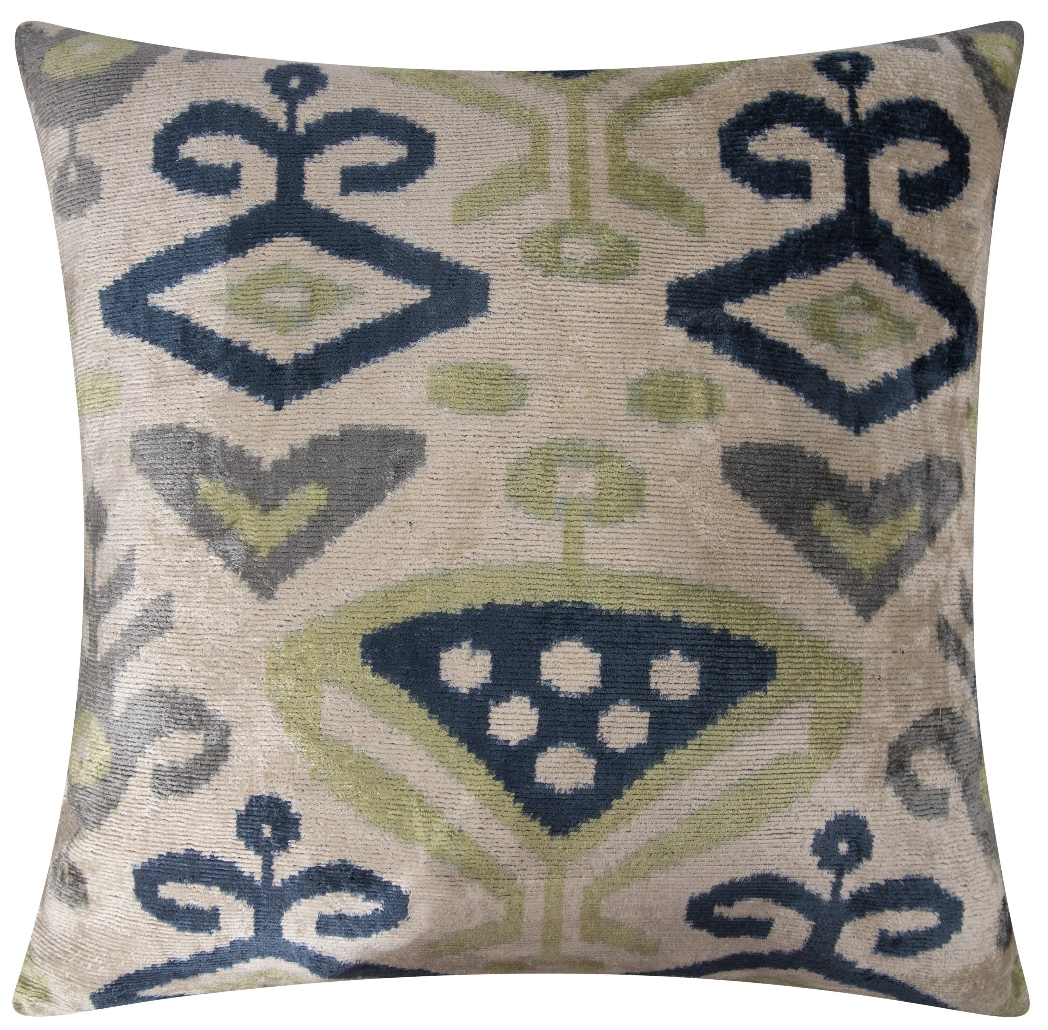 Handmade Silk Velvet Ikat Throw Pillow - 20x20, Beige, Blue, and Green Ikat Design with Down Feather Insert Canvello