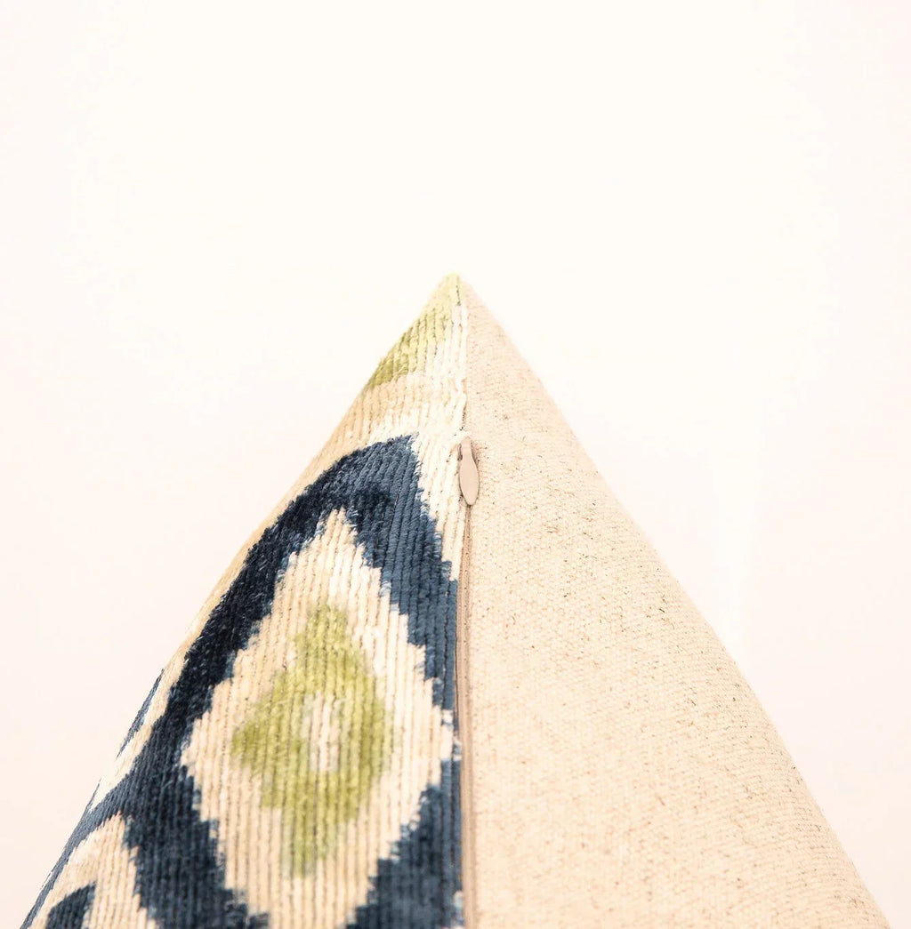 Handmade Silk Velvet Ikat Throw Pillow - 20x20, Beige, Blue, and Green Ikat Design with Down Feather Insert Canvello