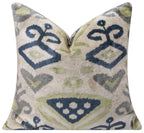 Handmade Silk Velvet Ikat Throw Pillow - 20x20, Beige, Blue, and Green Ikat Design with Down Feather Insert Canvello