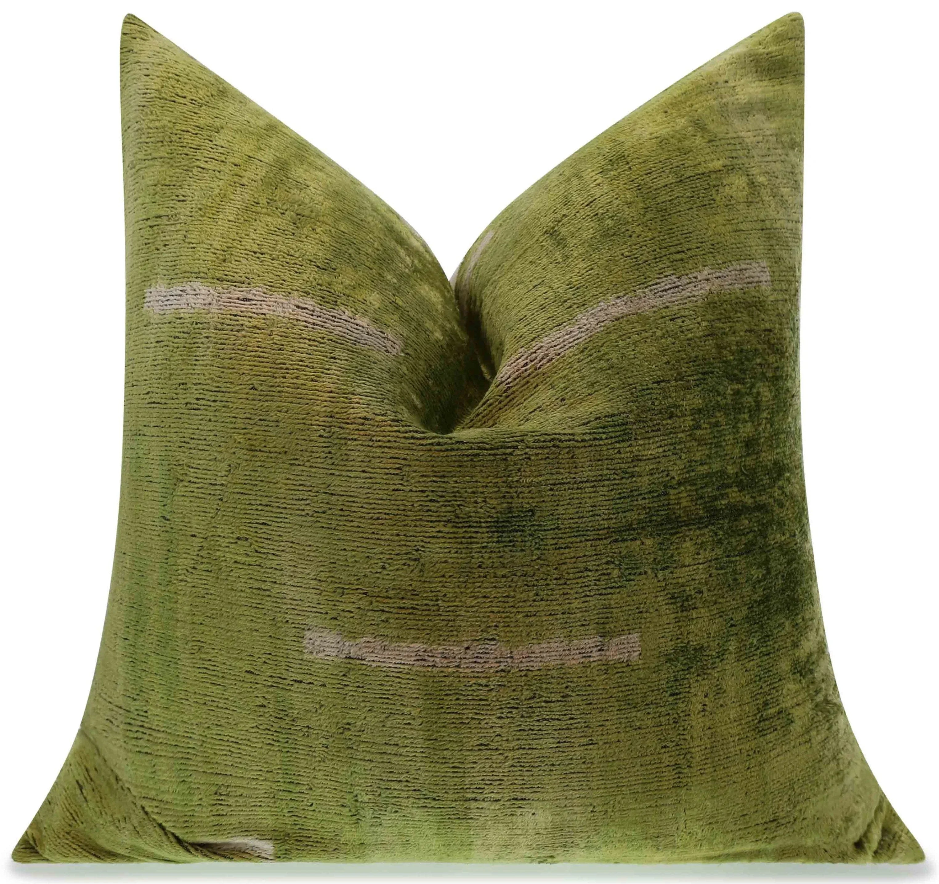 Handmade Silk Velvet Minimalist Throw Pillow - 20x20, Green with White Accent Lines, Down Feather Insert Canvello