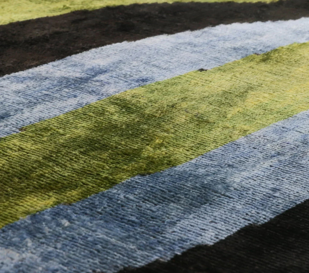 Handmade Silk Velvet Striped Throw Pillow - 16x16, Bold Green, Blue, and Black Design with Down Feather Insert Canvello