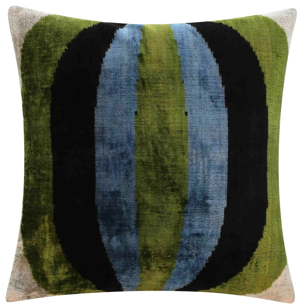 Handmade Silk Velvet Striped Throw Pillow - 16x16, Bold Green, Blue, and Black Design with Down Feather Insert Canvello
