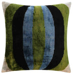 Handmade Silk Velvet Striped Throw Pillow - 16x16, Bold Green, Blue, and Black Design with Down Feather Insert Canvello