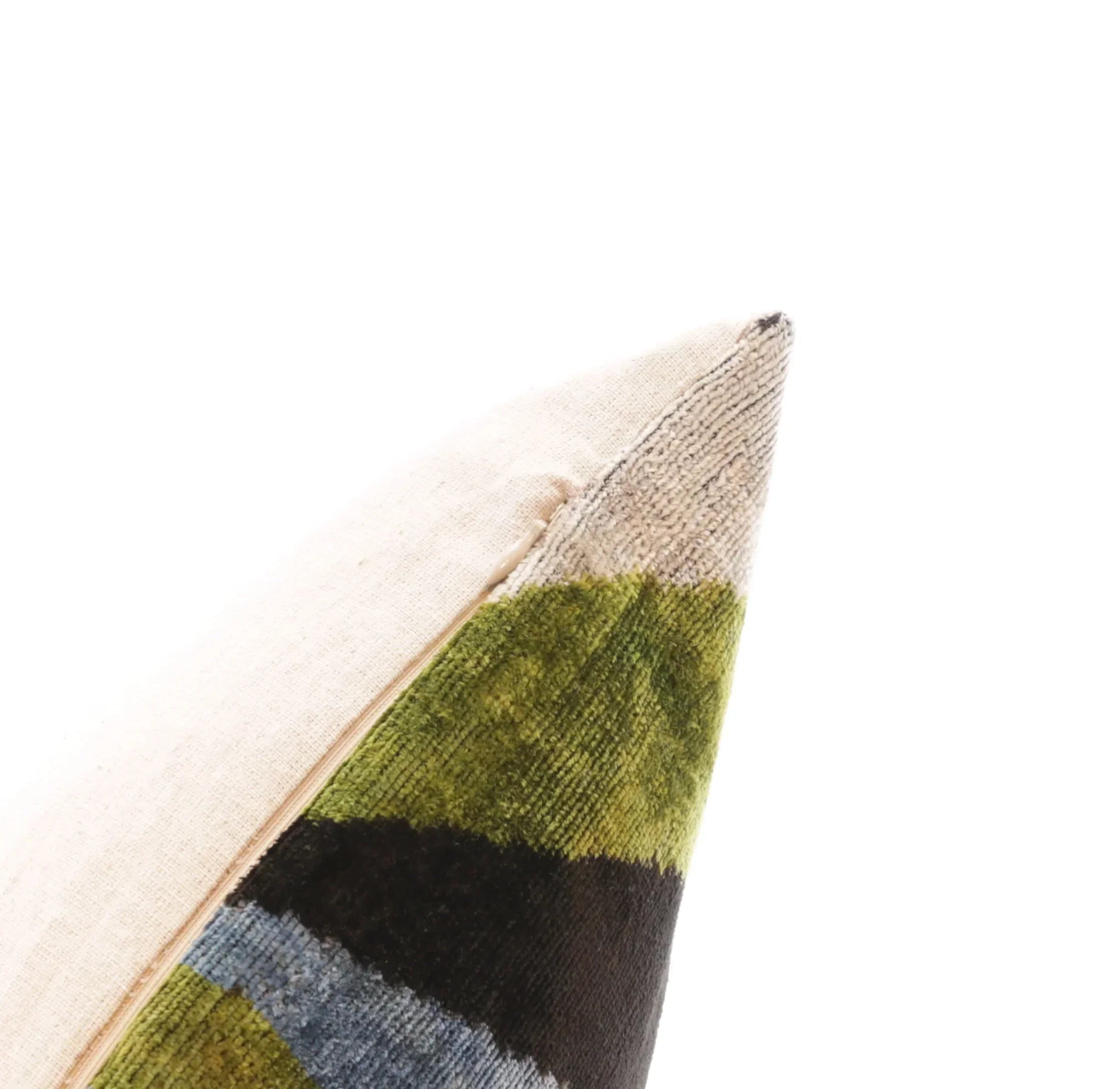 Handmade Silk Velvet Striped Throw Pillow - 16x16, Bold Green, Blue, and Black Design with Down Feather Insert Canvello